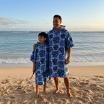 Adult Blue Monstera Palaka Hooded Towel - Sweet Sweet Honey Hawaii