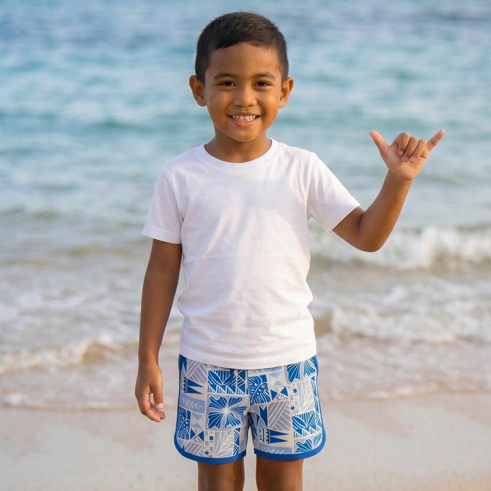 Blue Tropical Kapa Boys Boardies - Sweet Sweet Honey Hawaii