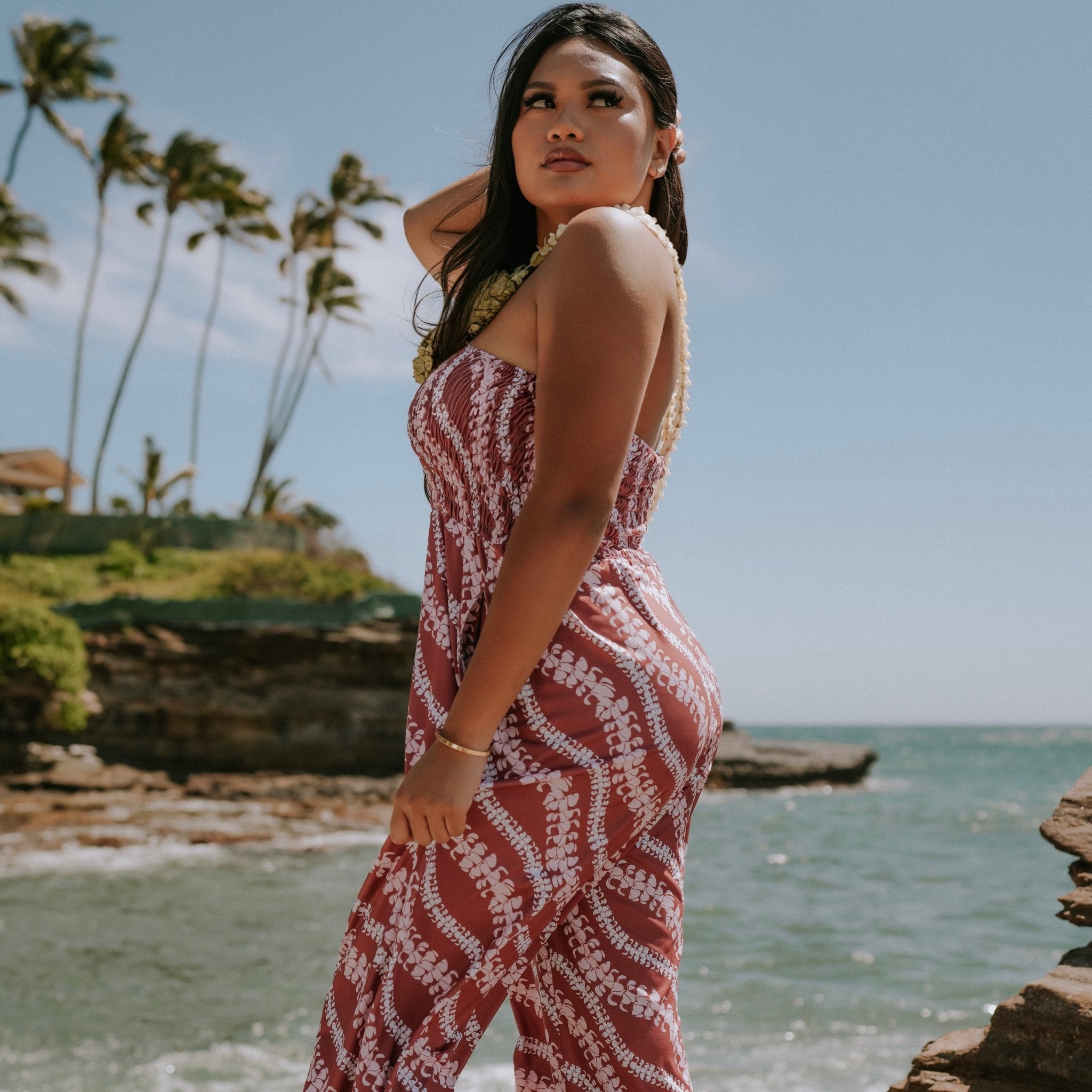 Brick Puakenikeni lei Taylor Jumpsuit - Sweet Sweet Honey Hawaii