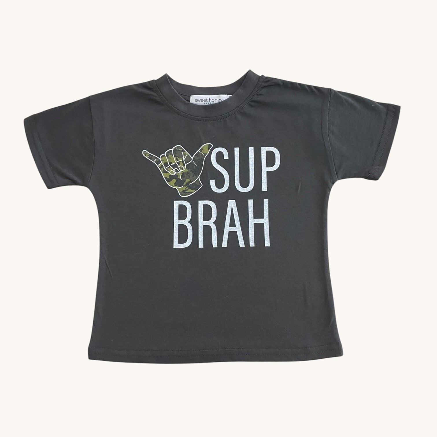Camo Shaka Sup Brah Dark grey Tee - Sweet Sweet Honey Hawaii