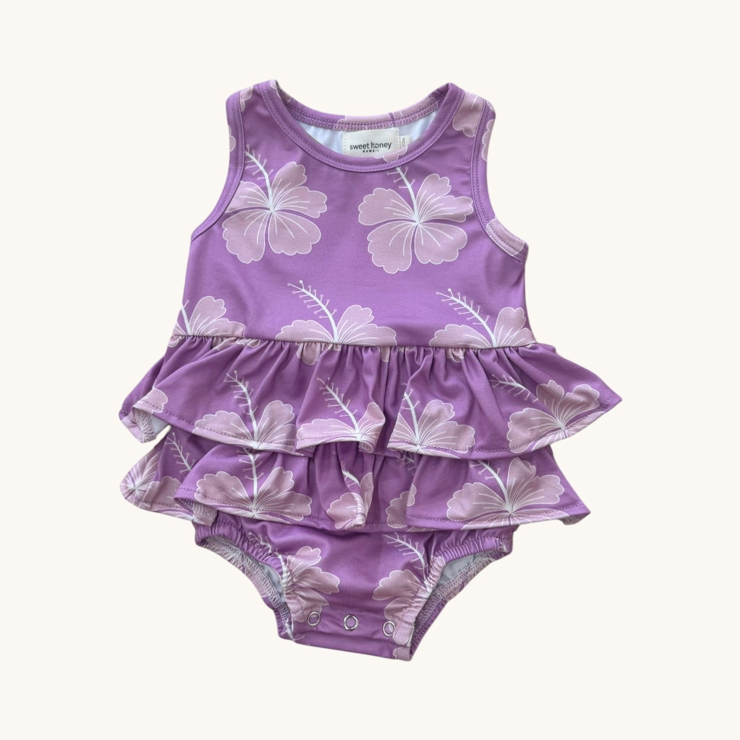 Lavender Hibiscus Ruffle Tank Romper - Sweet Sweet Honey Hawaii