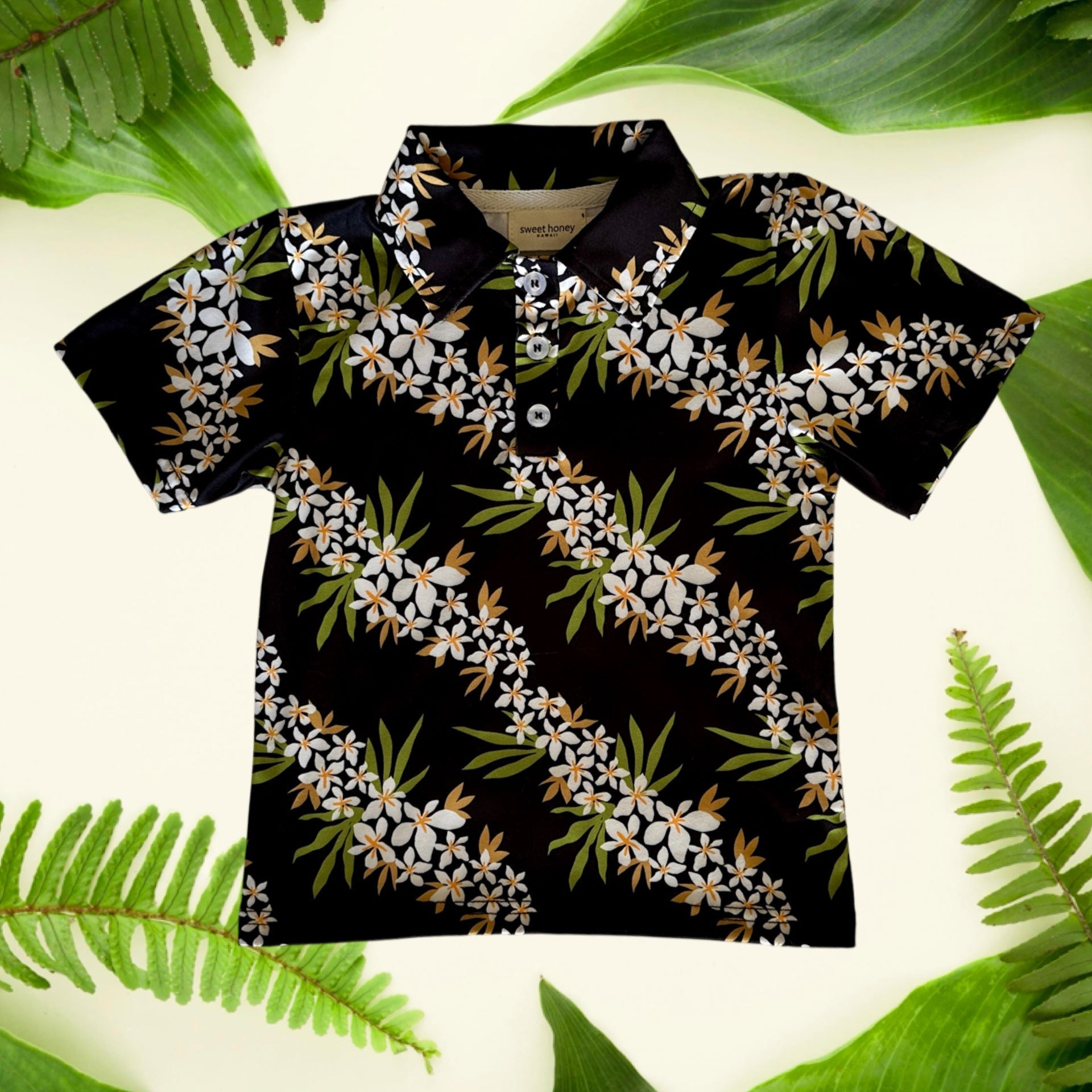 Lei Hiwa Black Collared Shirt - Sweet Sweet Honey Hawaii