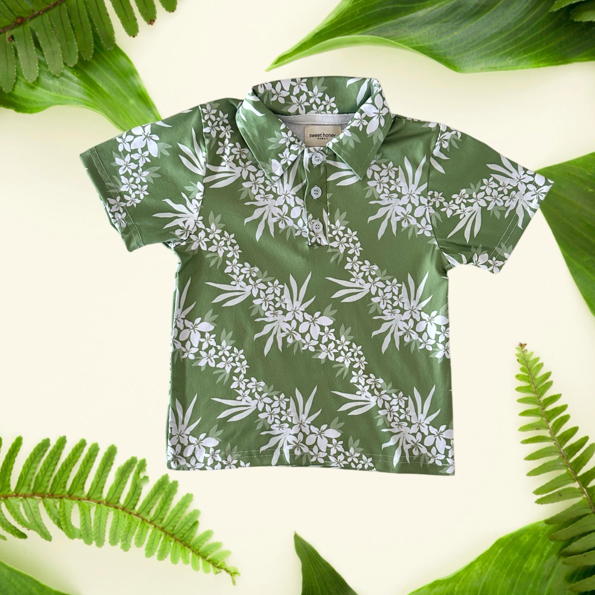 Lei Hiwa Green Collared Shirt - Sweet Sweet Honey Hawaii