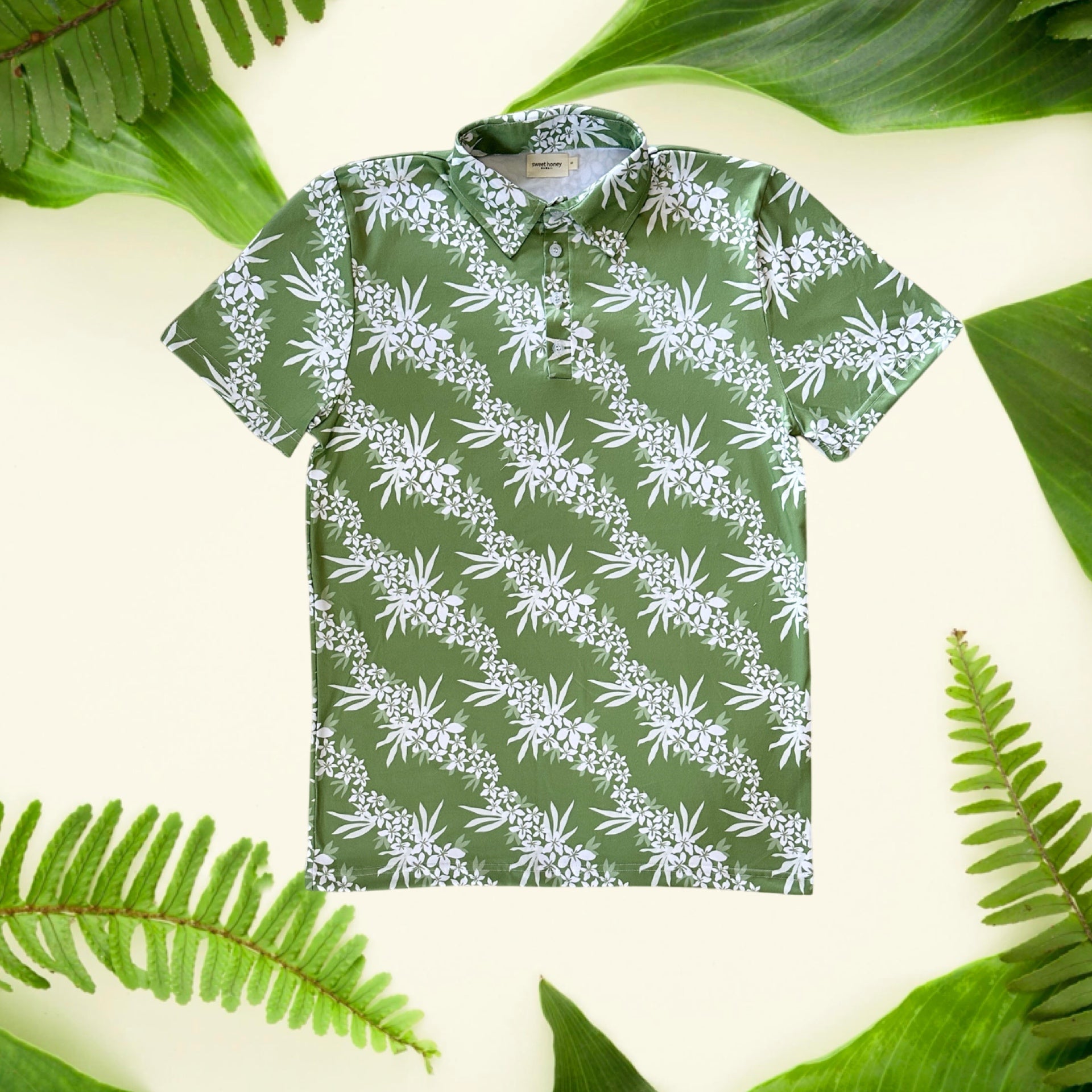 Lei Hiwa Green Men's Collared Shirt - Sweet Sweet Honey Hawaii