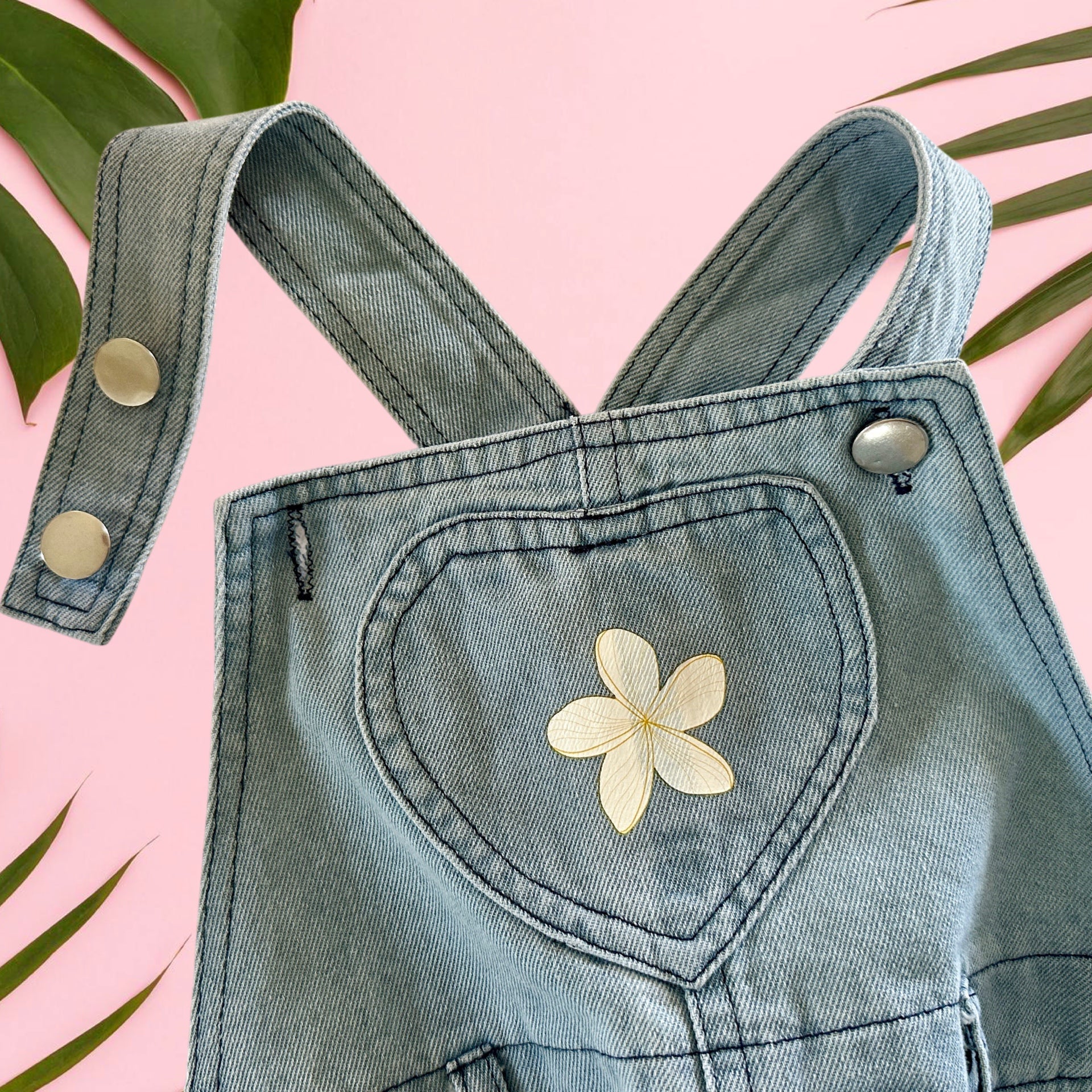 Light Denim wash Plumeria romper - Sweet Sweet Honey Hawaii