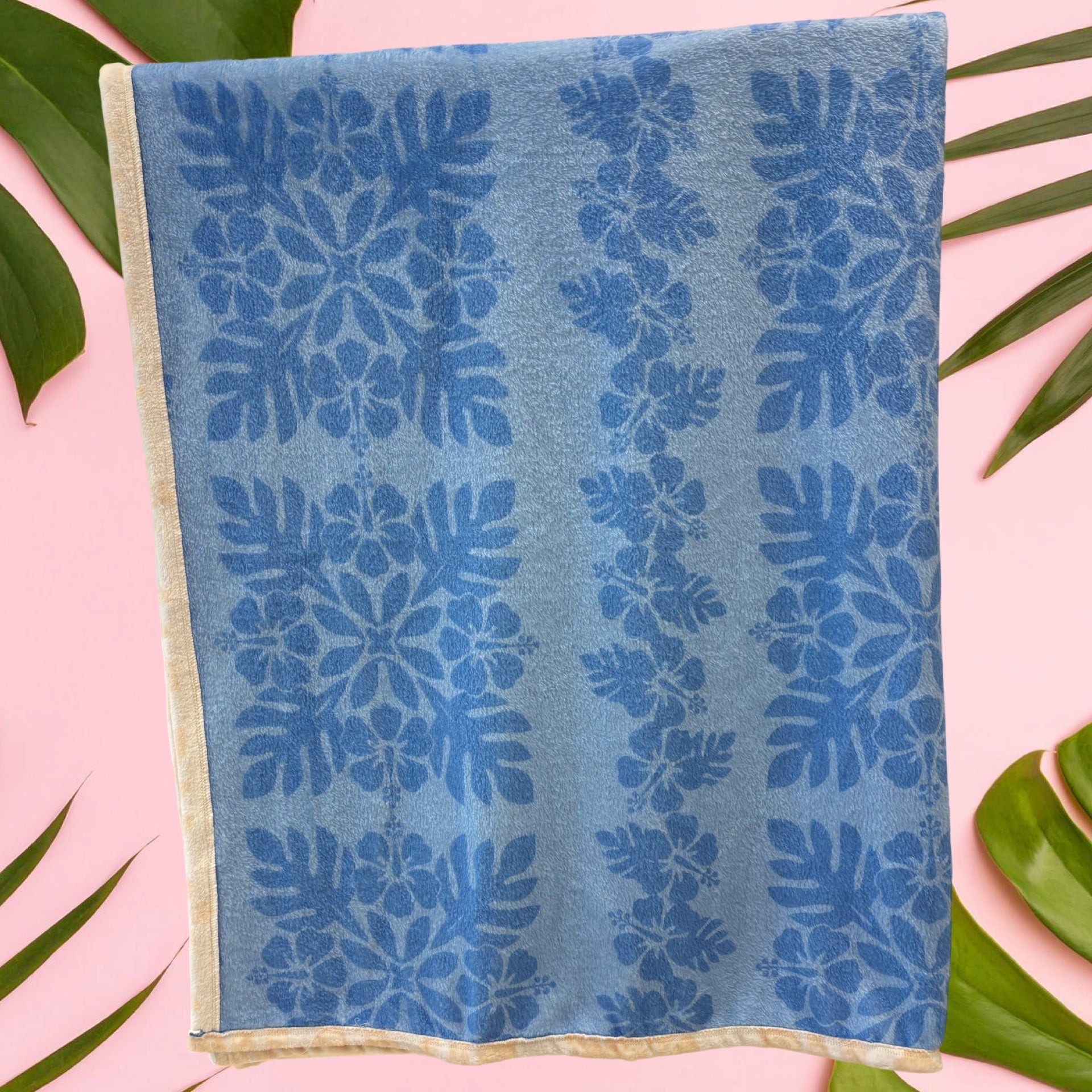Medium: Cream Quilt Hibiscus /Blue Quilt Hibiscus Minky Blanket - Sweet Sweet Honey Hawaii