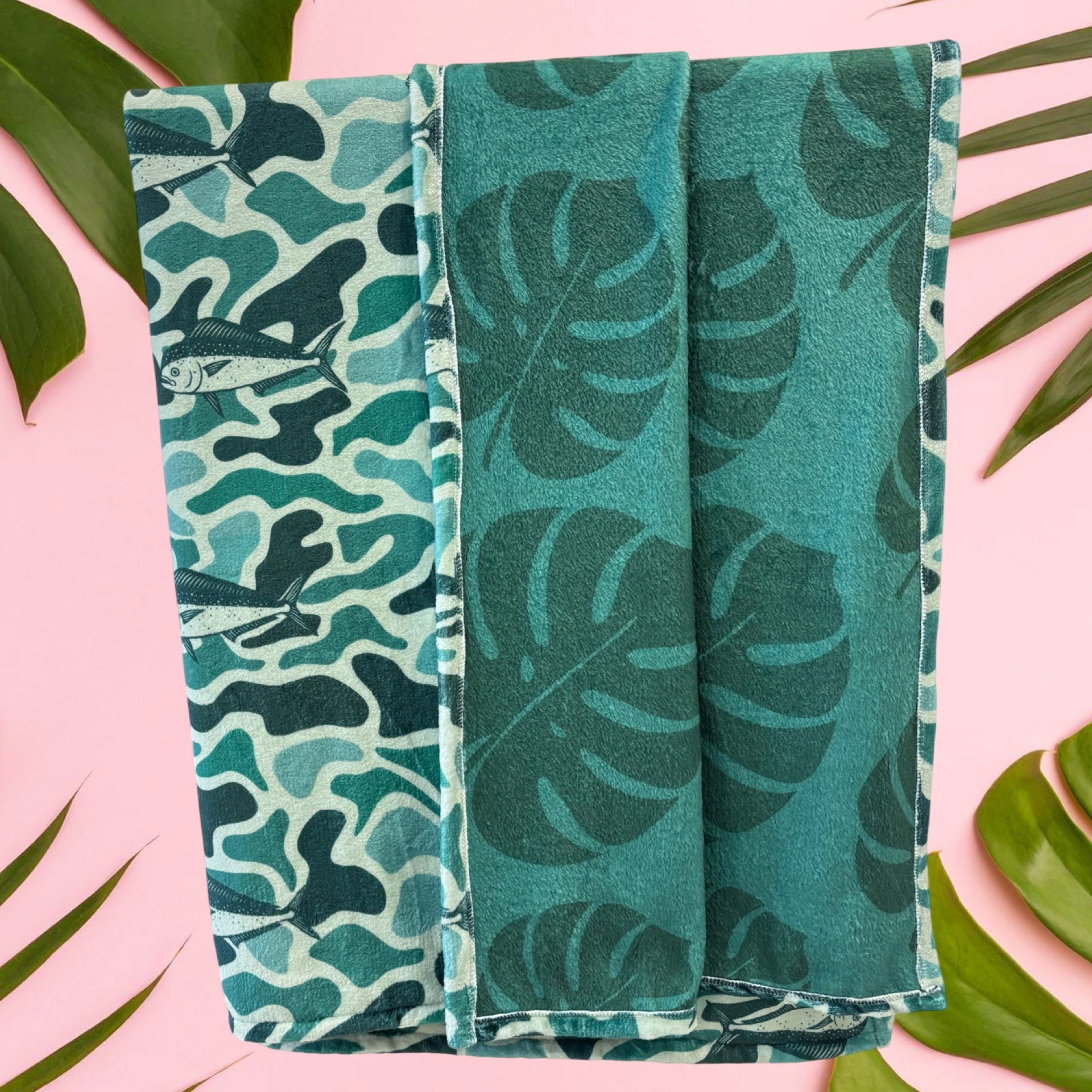 Medium: Mahi Mahi/Green Monstera Minky Blanket - Sweet Sweet Honey Hawaii