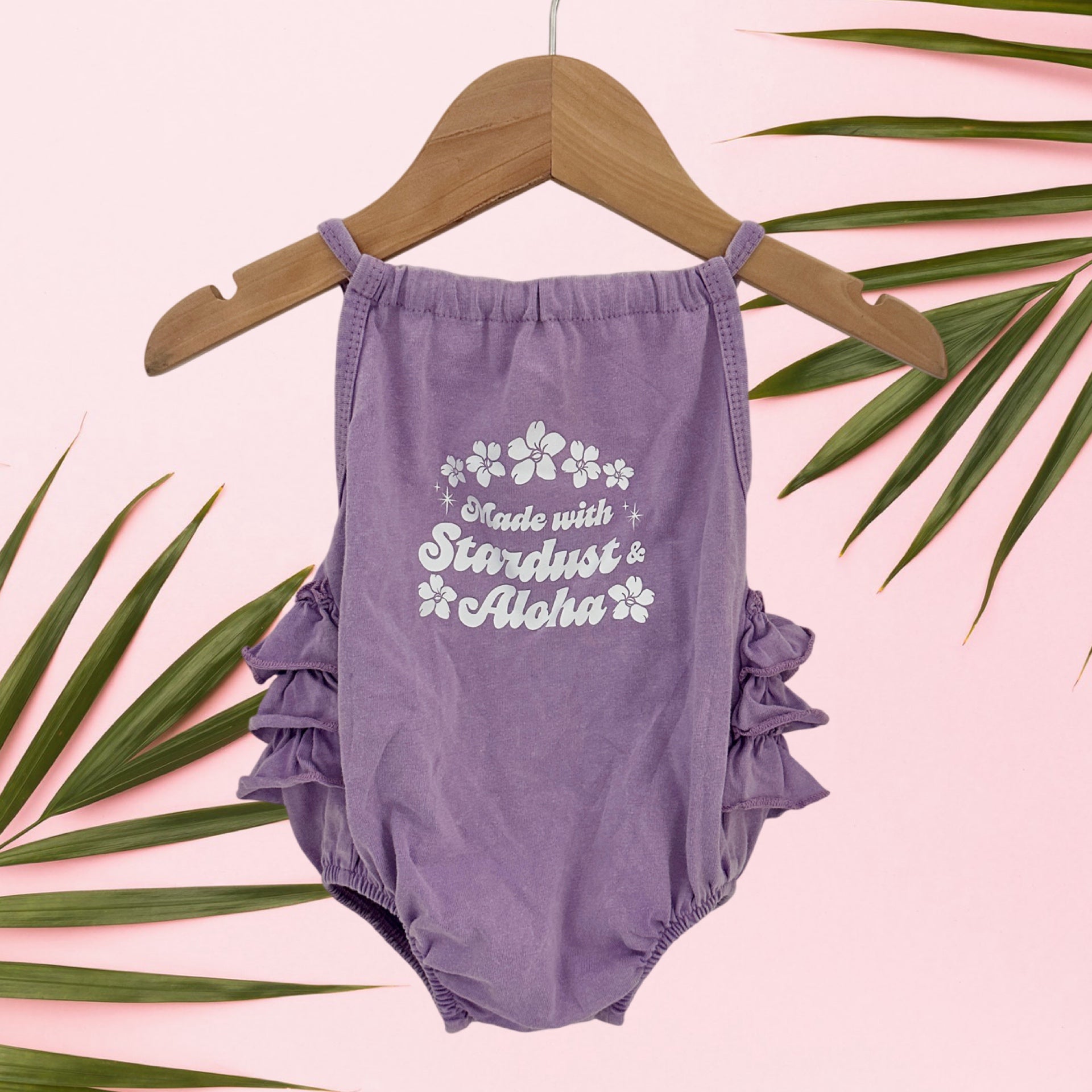 Purple Stardust and Aloha Ruffle Halter Romper - Sweet Sweet Honey Hawaii