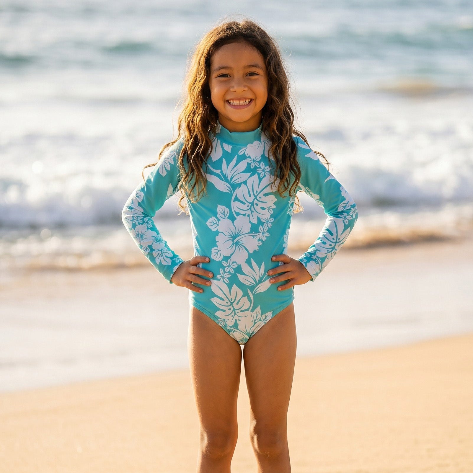 Teal Mauna Lani Long Sleeve Swimsuit - Sweet Sweet Honey Hawaii
