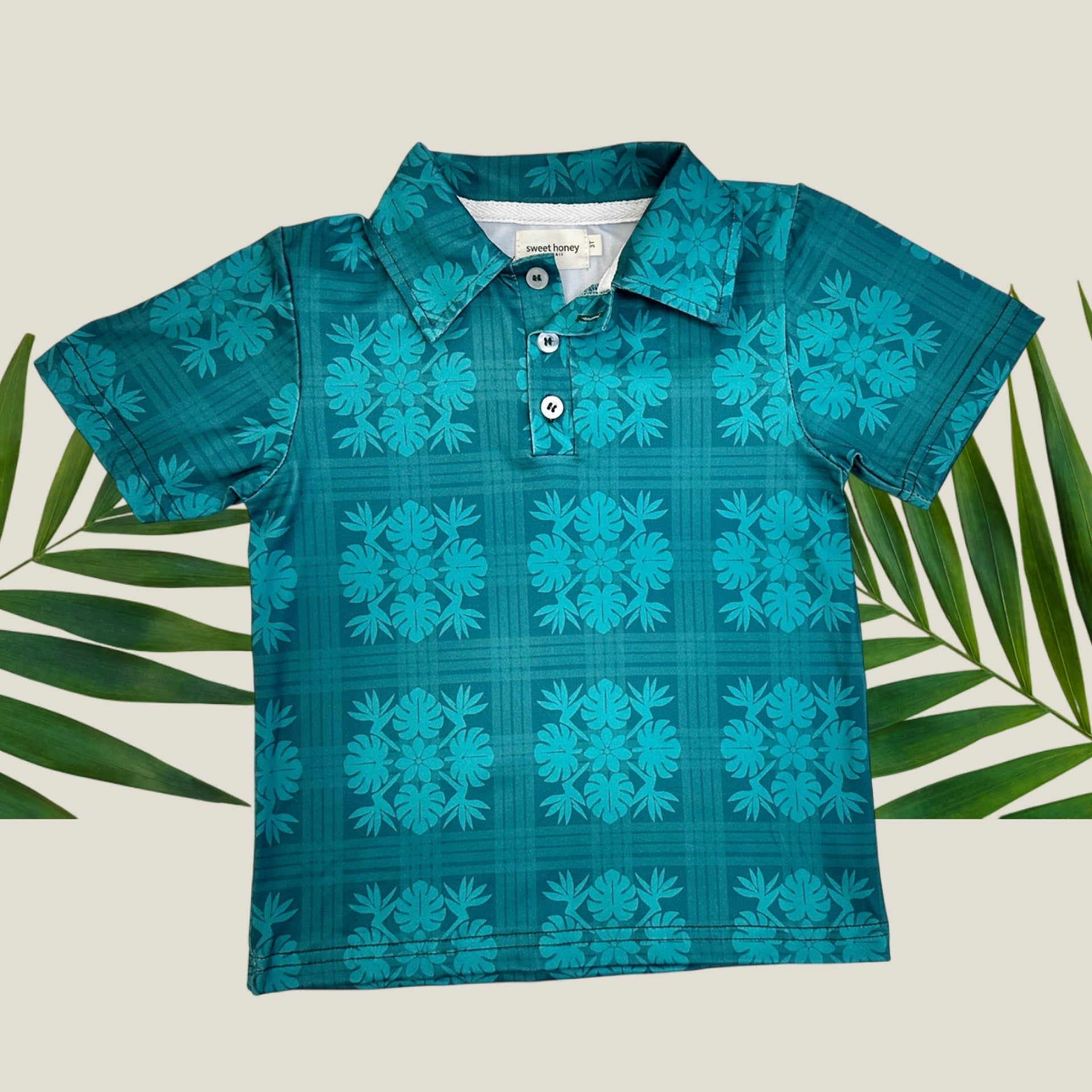 Teal Tropical Palaka Men's collared Shirt - Sweet Sweet Honey Hawaii