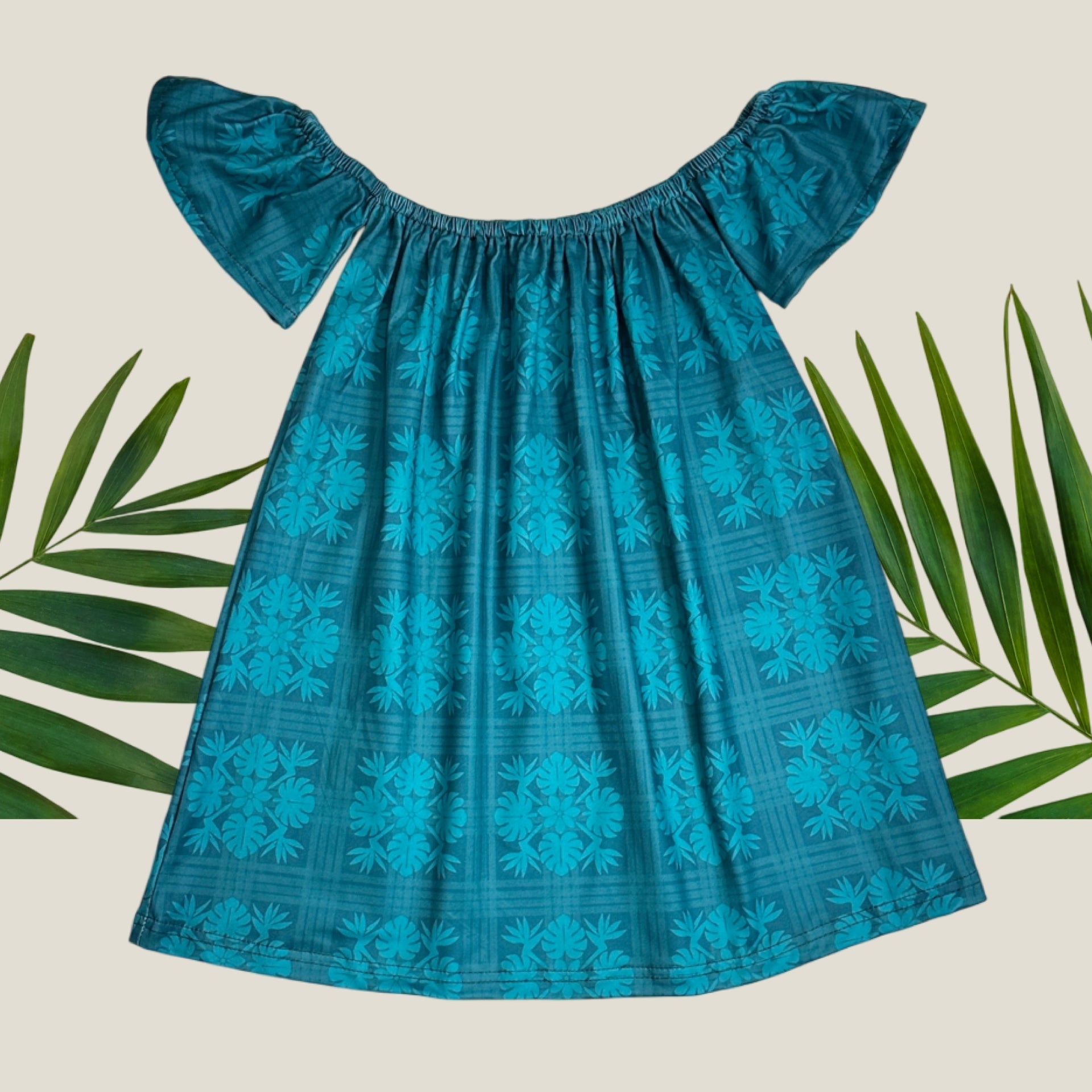 Teal Tropical Palaka Off the Shoulder Dress - Sweet Sweet Honey Hawaii