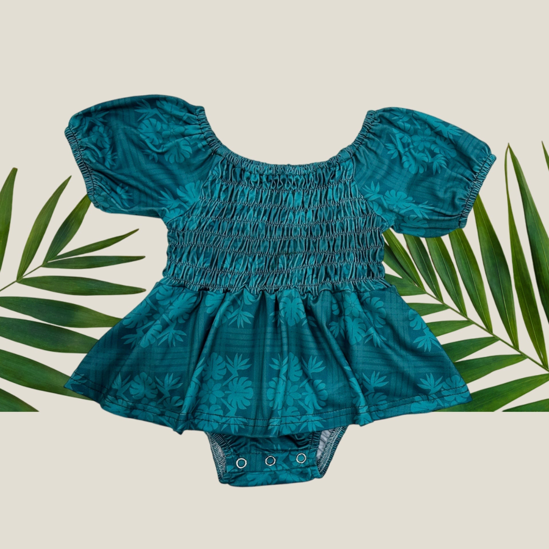 Teal Tropical Palaka Sleeved Melody Romper - Sweet Sweet Honey Hawaii