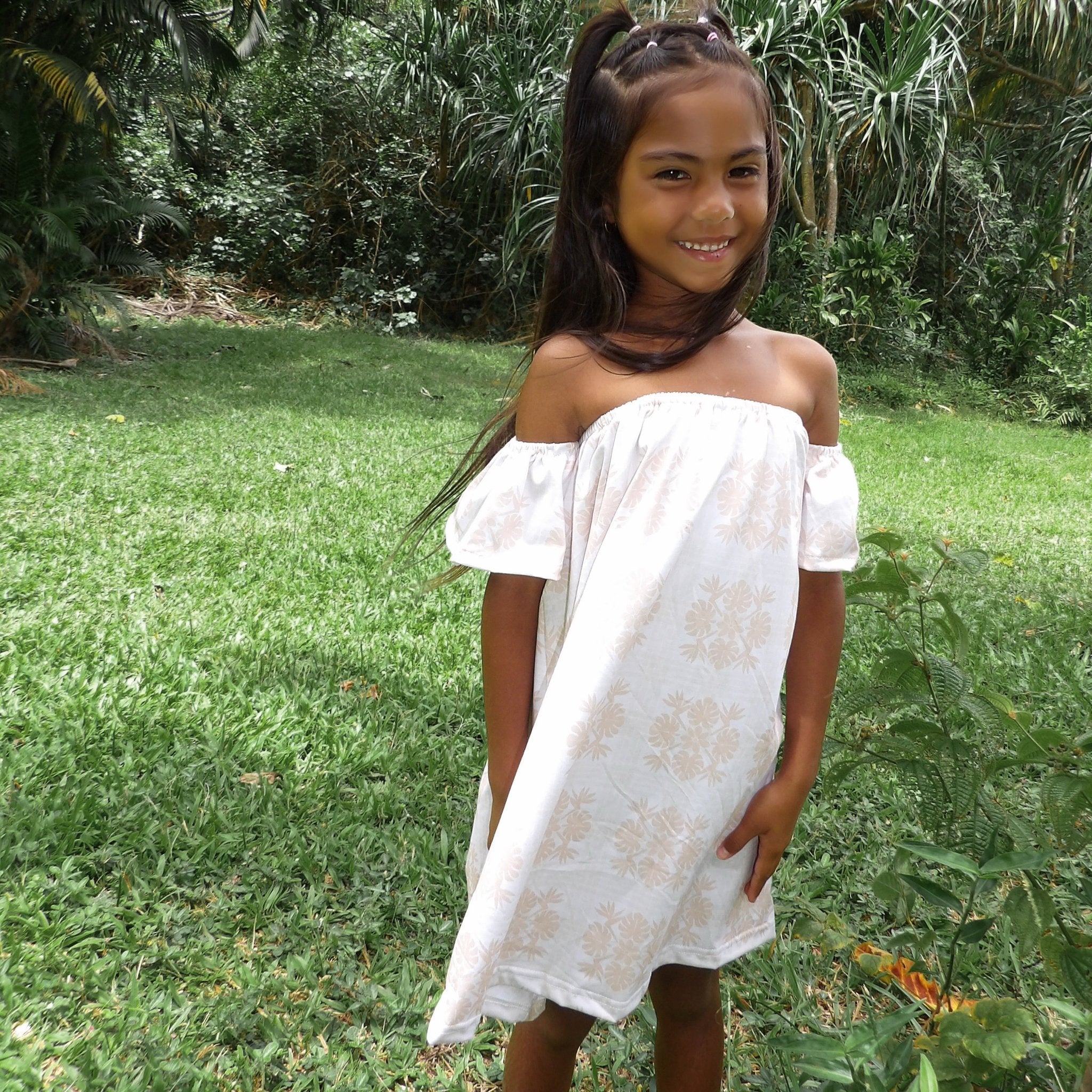 Tropical Cream Palaka Off the Shoulder Dress - Sweet Sweet Honey Hawaii
