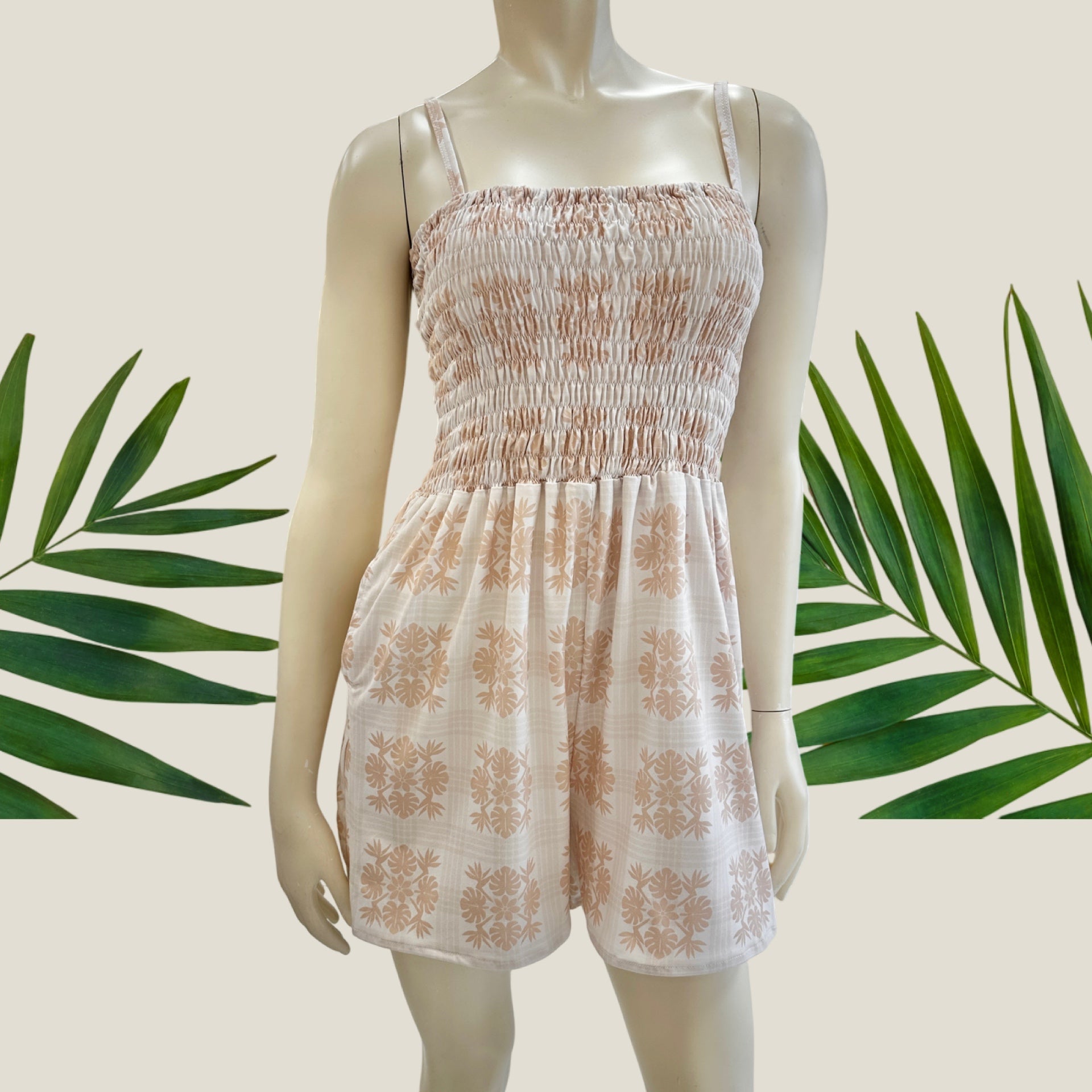 Women's Tropical Cream Palaka Kaia Romper - Sweet Sweet Honey Hawaii